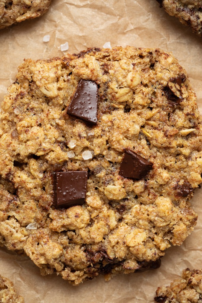 Close up above view of a chocolate chip oatmeal cookie