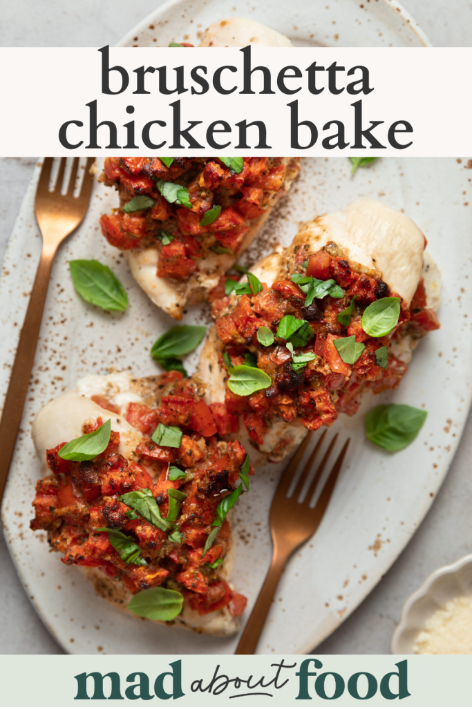 Image for pinning bruschetta chicken bake recipe on Pinterest