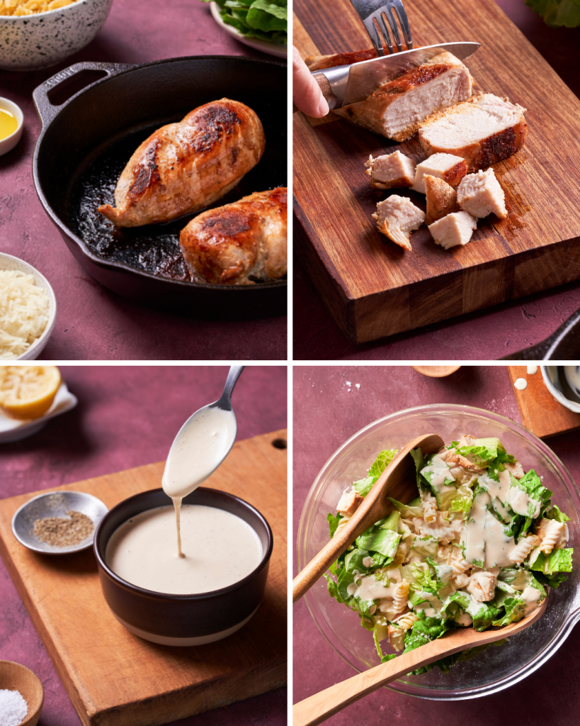 Step by step assembly of chicken caesar pasta salad recipe