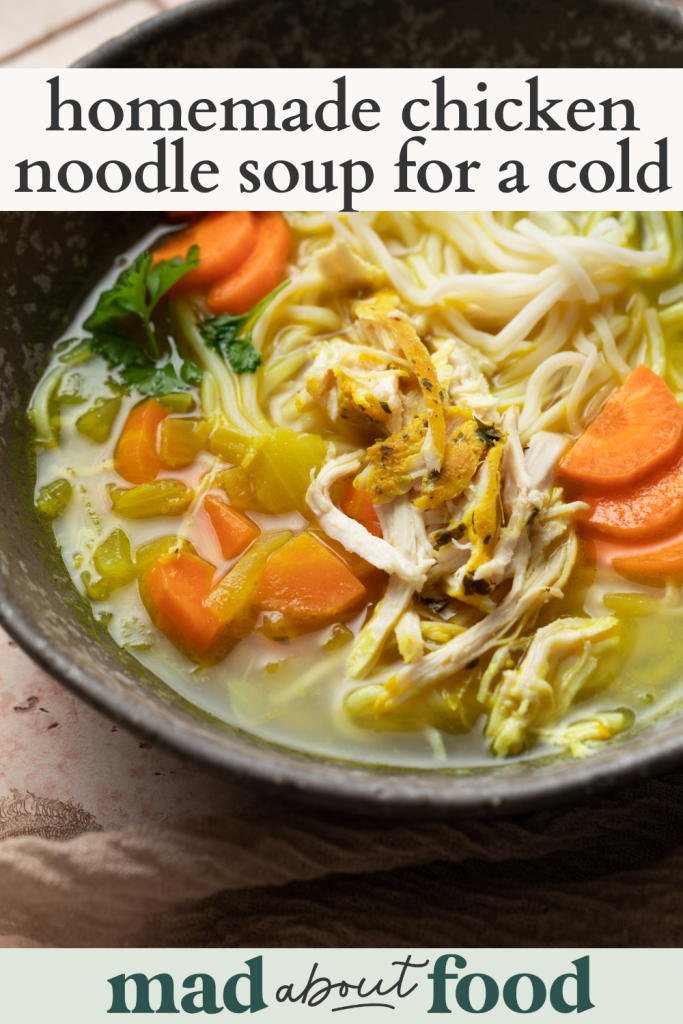 Image for pinning chicken noodle soup for a cold recipe on Pinterest