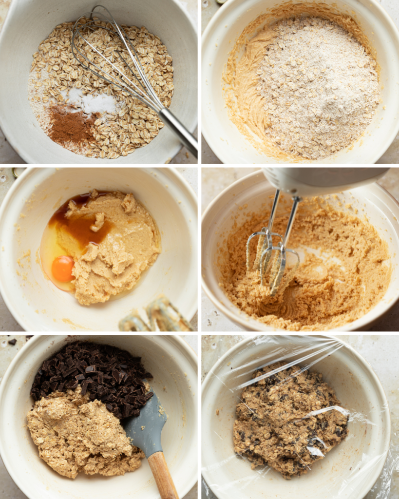 Step by step images of an oatmeal chocolate chip cookies recipe
