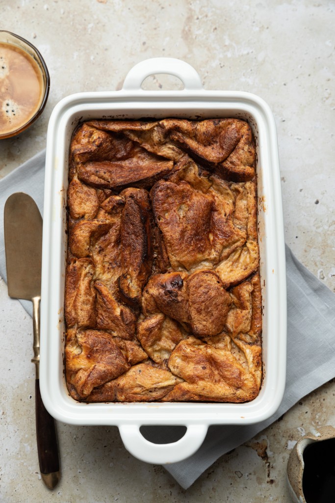 Above view of a baked french toast casserole in a casserole dish