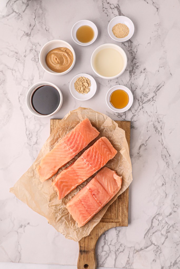 Above view of ingredients for a miso salmon recipe