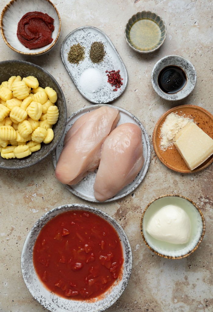 Above view of ingredients for an easy chicken and gnocchi recipe