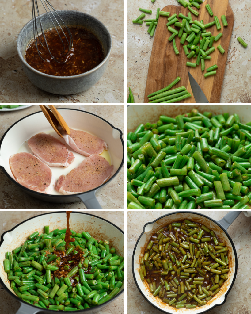 Step by step assembly of honey garlic pork chops with green beans