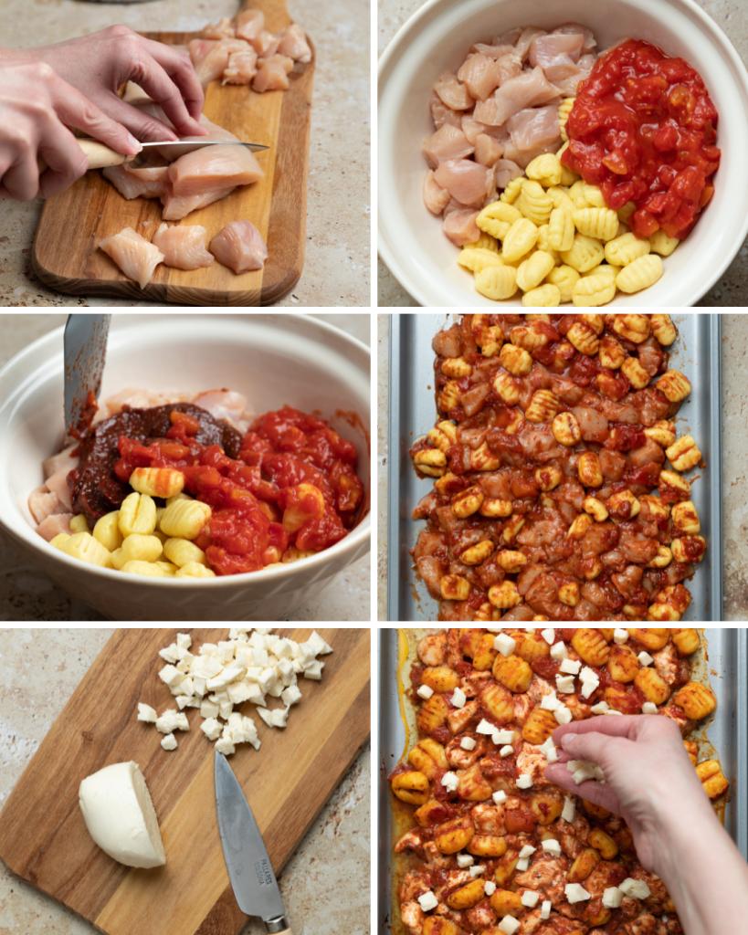Step by step assembly of a sheet pan gnocchi recipe