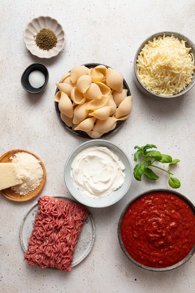 Above view of ingredients for stuffed shells with meat