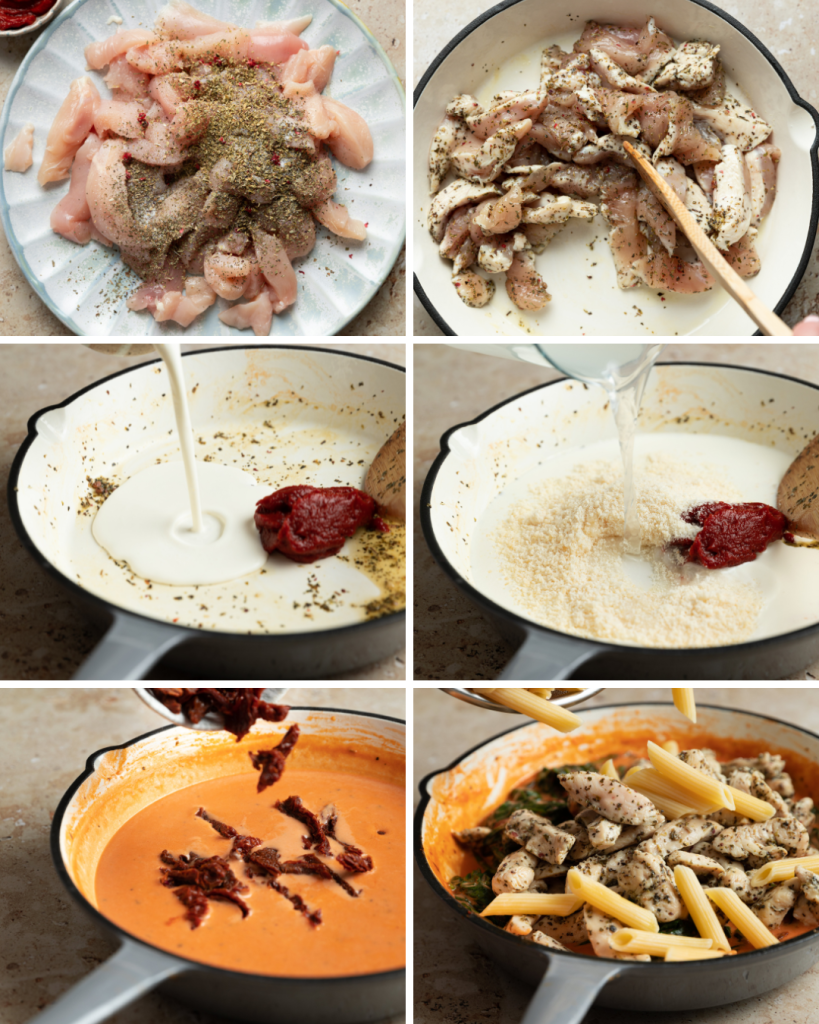 Step by step assembly of Creamy Tuscan Chicken Pasta