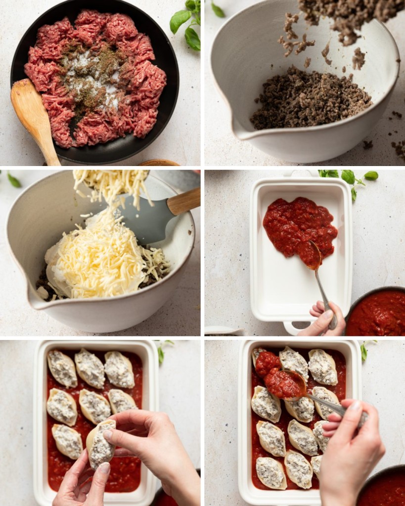 Step by step assembly of a stuffed shells with meat recipe