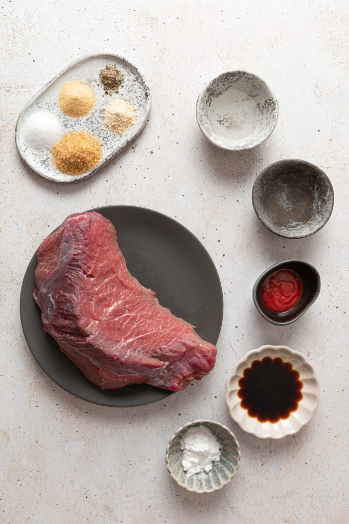 Above view of ingredients for steak bites in air fryer