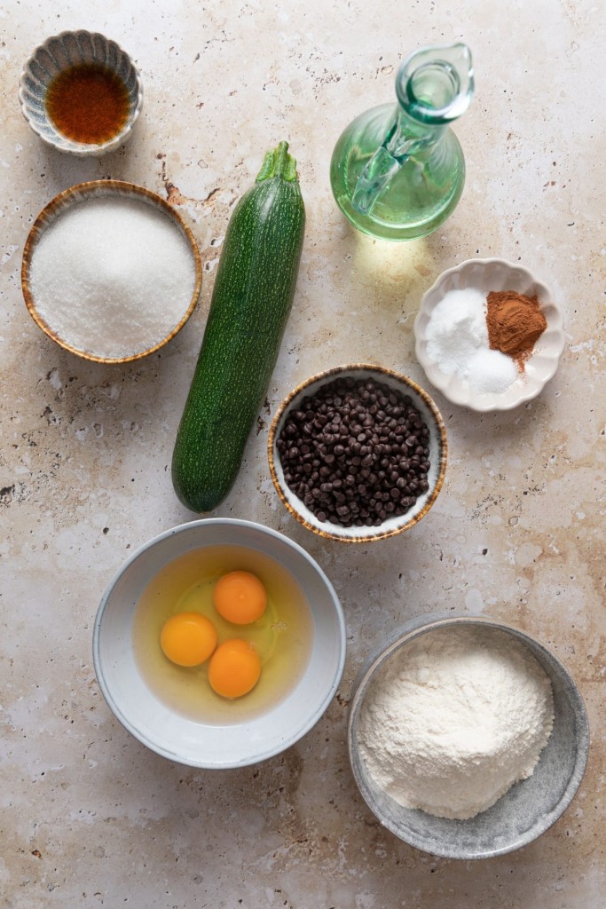 Ingredients for zucchini bread with chocolate chips
