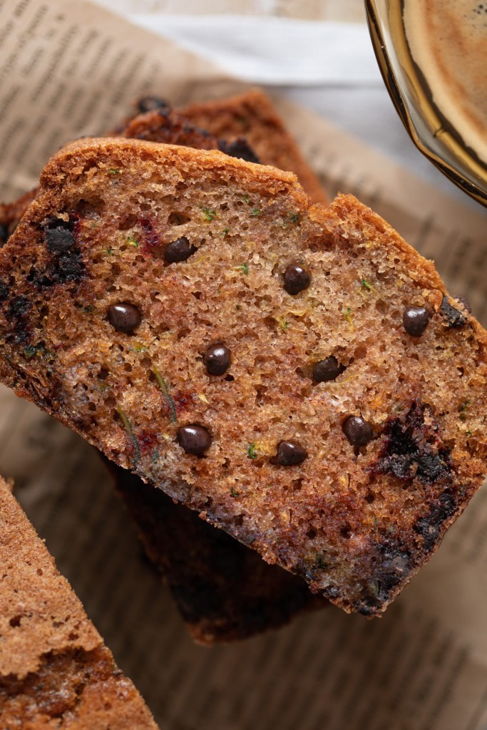 Close up above view of zucchini bread with chocolate chips