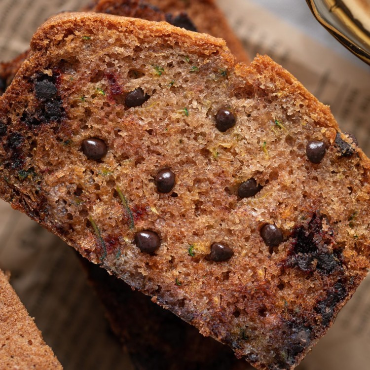 Close up above view of zucchini bread with chocolate chips