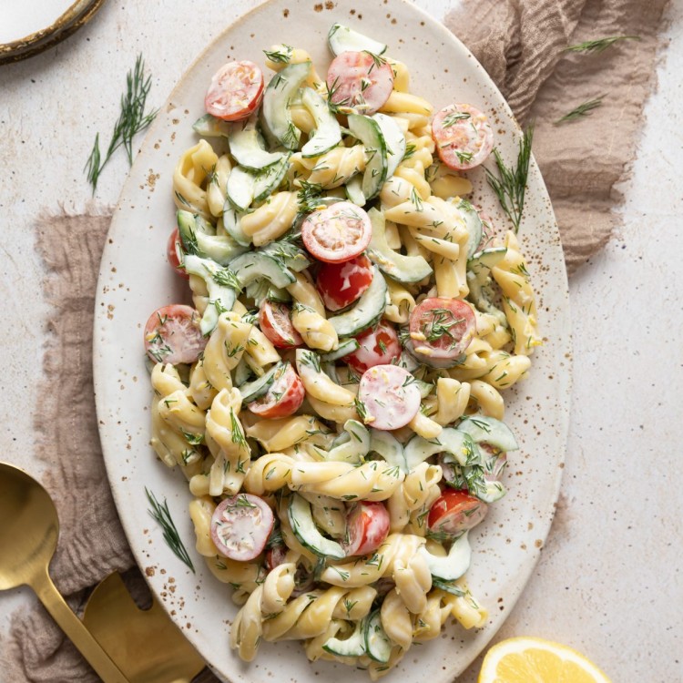 Cucumber pasta salad on a serving plate