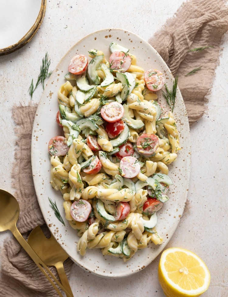 Cucumber pasta salad on a serving plate