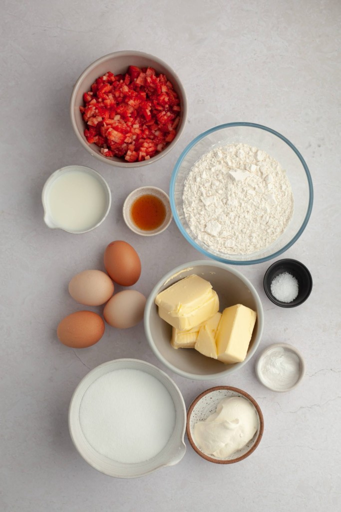 Above view of ingredients for a strawberry pound cake