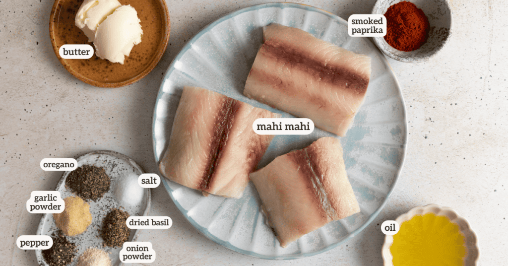 the ingredients for blackened mahi mahi with labels on them