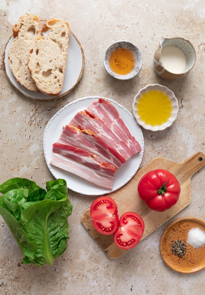 Above view of ingredients for a BLT salad