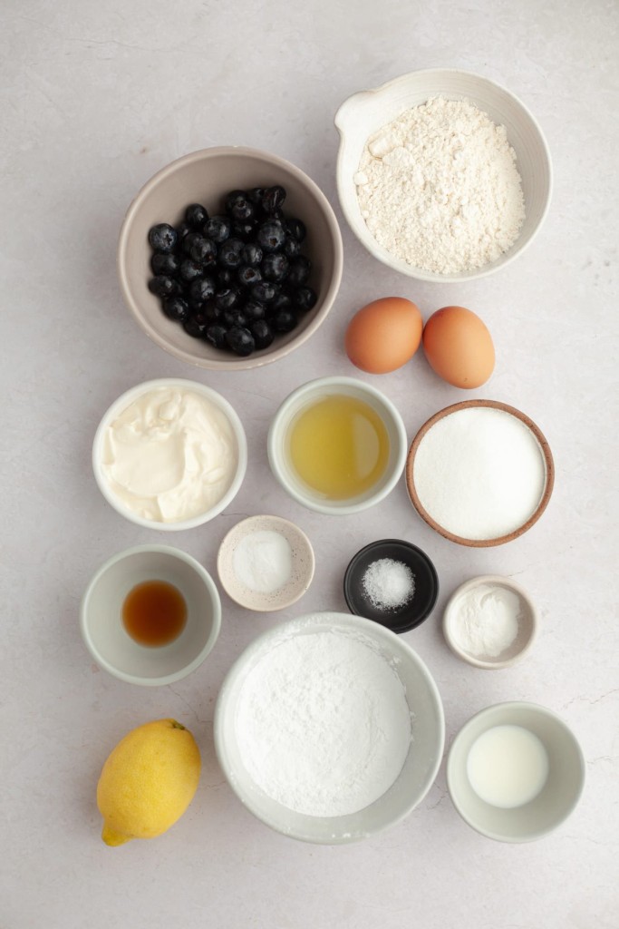 Above view of ingredients to make a loaf of blueberry lemon bread