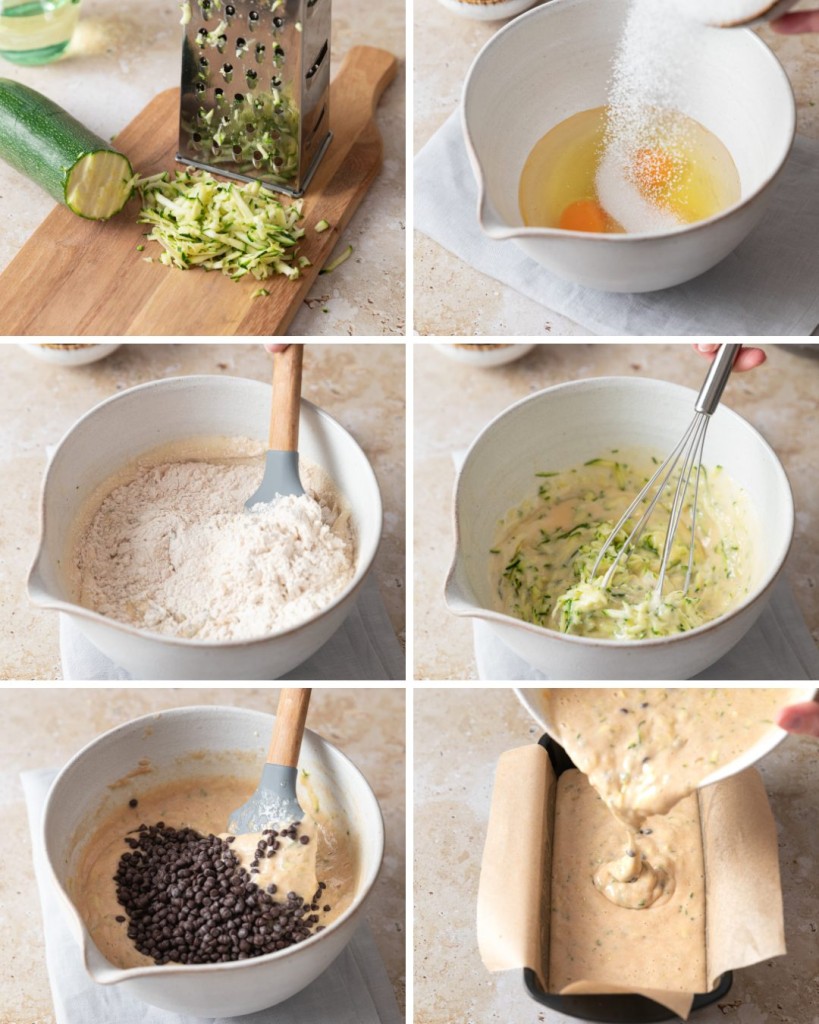 step by step assembly of chocolate chip zucchini bread