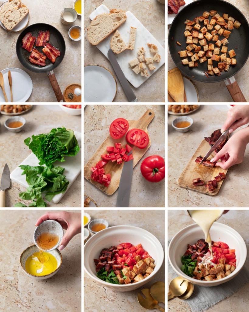 Step by step assembly of a BLT salad recipe