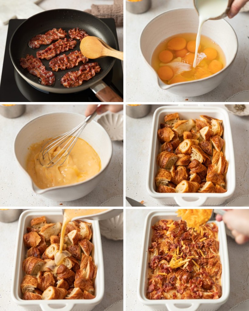 Step by step assembly of croissant breakfast casserole