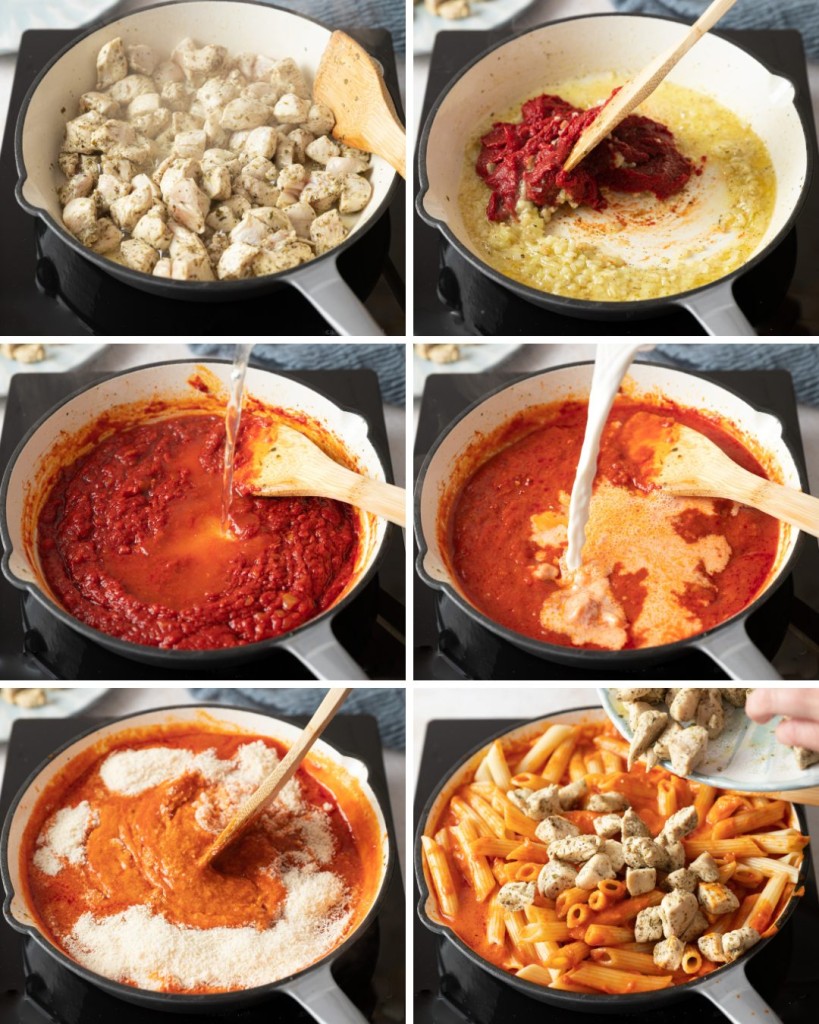 Step by step assembly of penne alla vodka with chicken. A photo of seasoned chicken sauteeing onions and tomato paste in a pan, vodka pouring into the pan and then milk pouring into the pan, parmesan mixing into the sauce, chicken pouring in the pan with pasta and vodka sauce