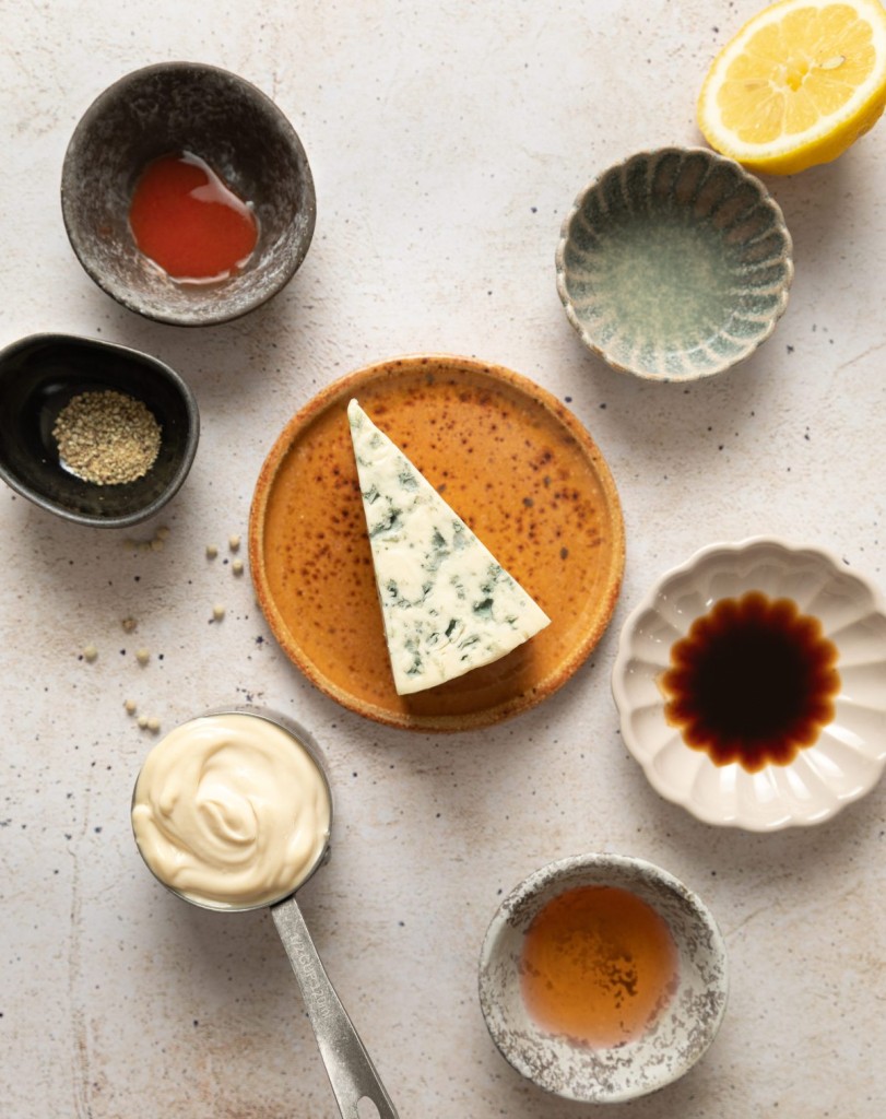 Ingredients for making a blue cheese salad dressing