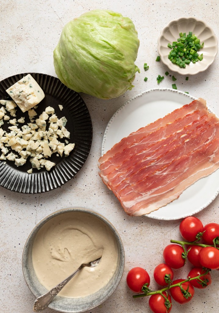 Above view of ingredients for a wedge salad recipe