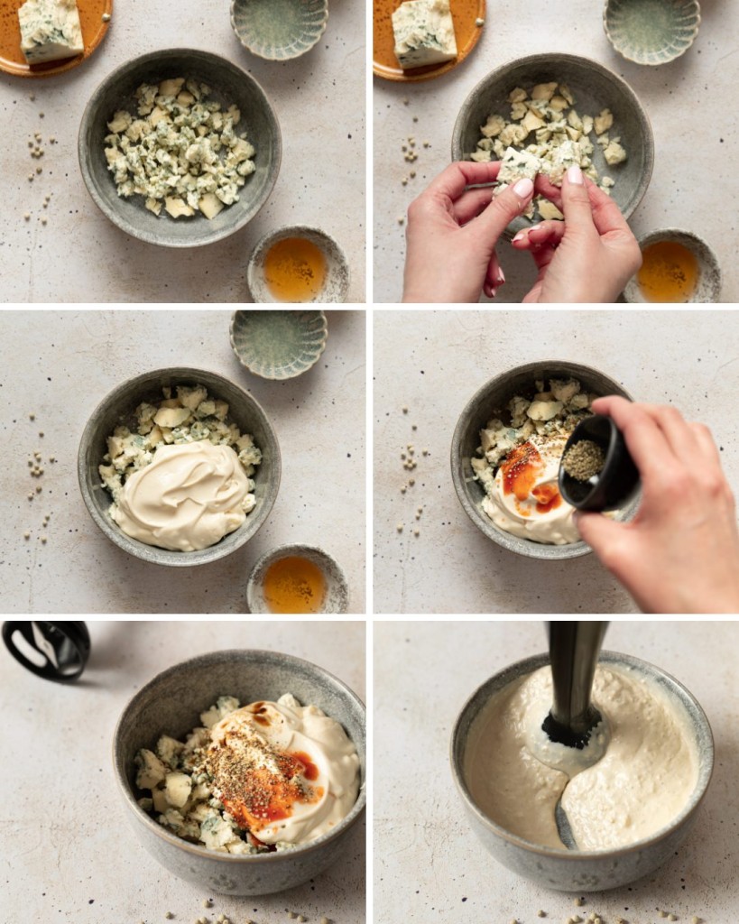 Step by step assembly of homemade blue cheese dressing recipe