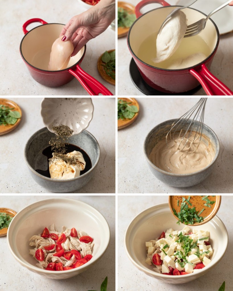 Step by step assembly of a chicken caprese salad recipe