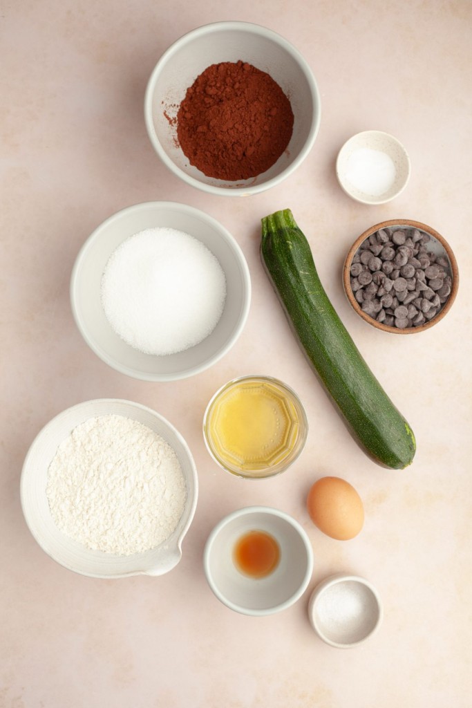 Above view of ingredients for chocolate zucchini muffins
