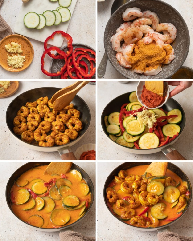 Step by step assembly of a shrimp curry recipe