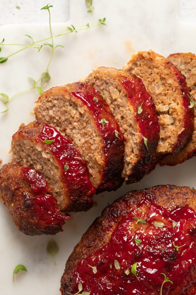 Close up above view of air fryer meatloaf sliced