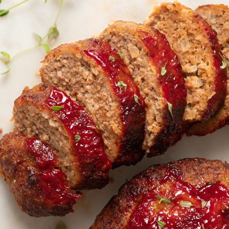 Close up above view of air fryer meatloaf sliced