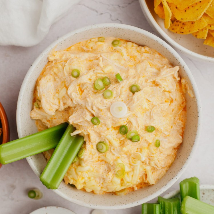 Above view of a bowl of crockpot buffalo chicken dip