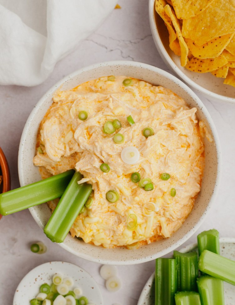 Above view of a bowl of crockpot buffalo chicken dip