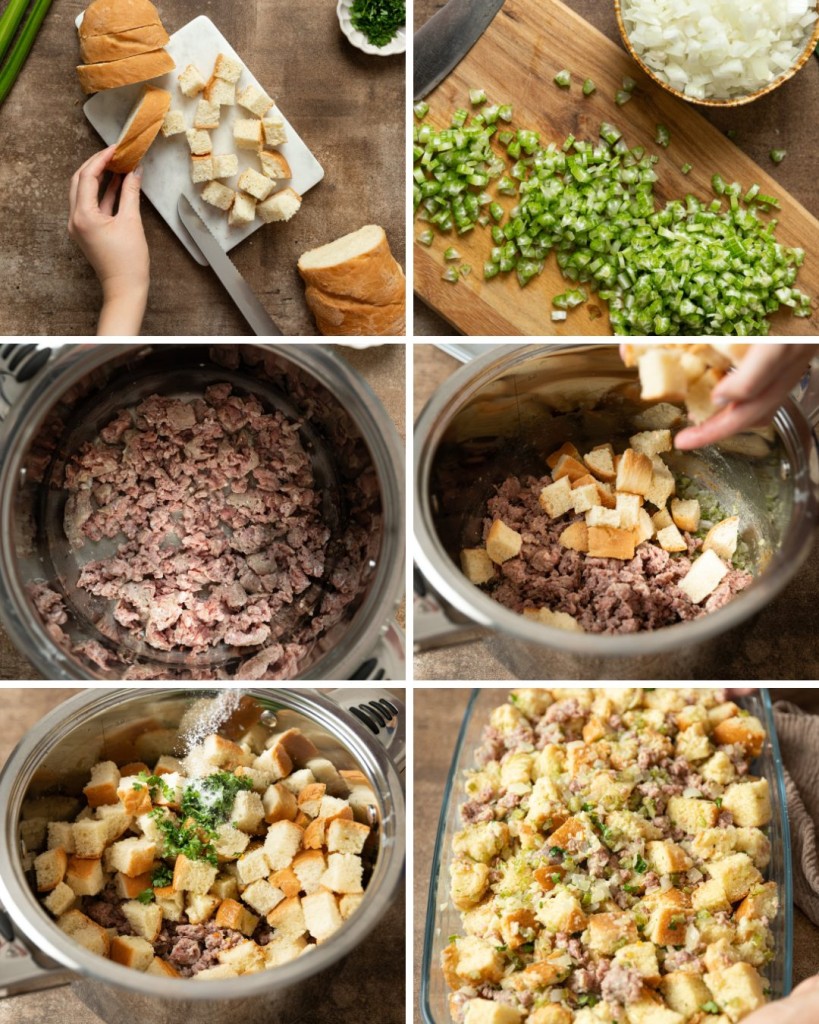 Step by step assembly of a sausage stuffing recipe