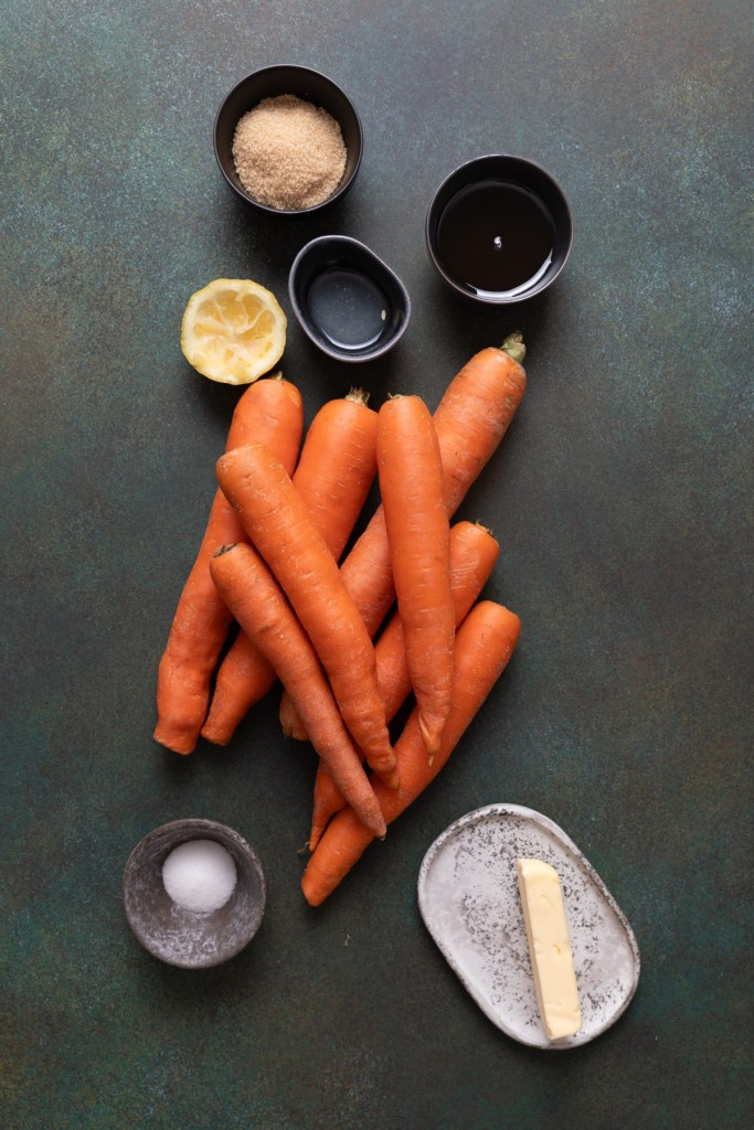 Above view of ingredients for a maple carrots recipe
