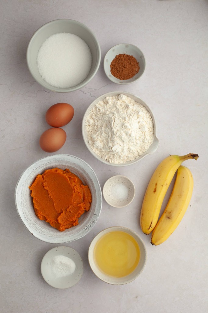 Above view of ingredients for banana pumpkin bread