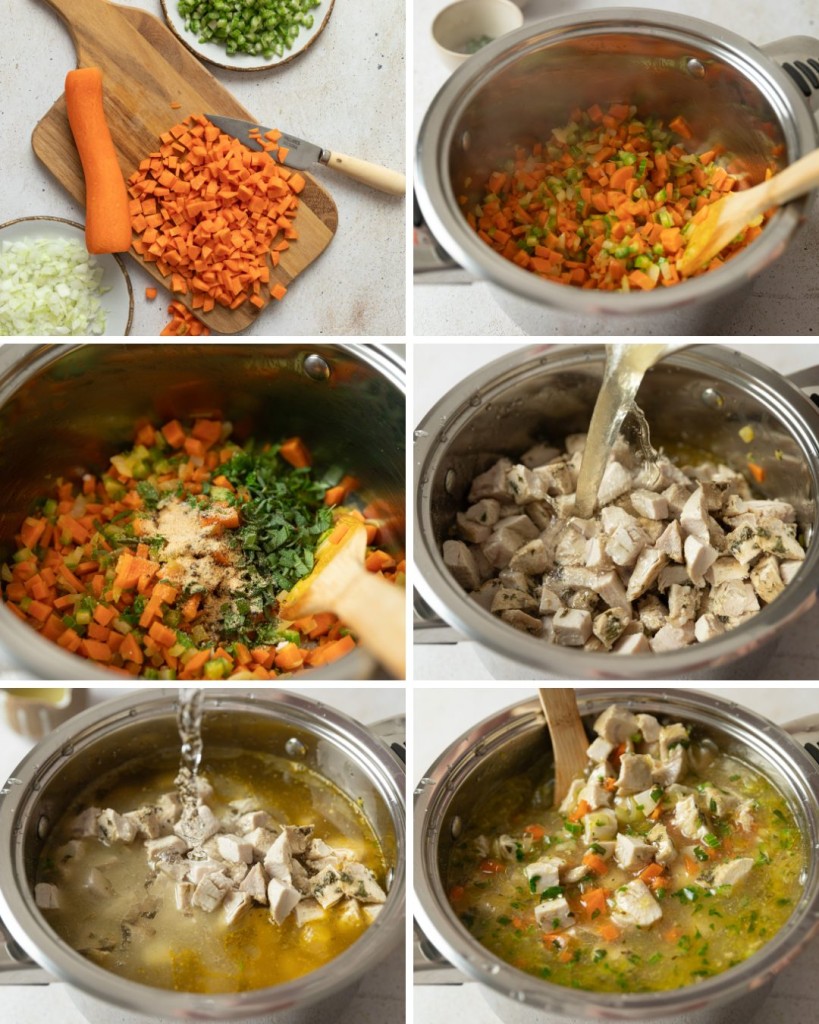 Step by step assembly of a leftover turkey soup recipe