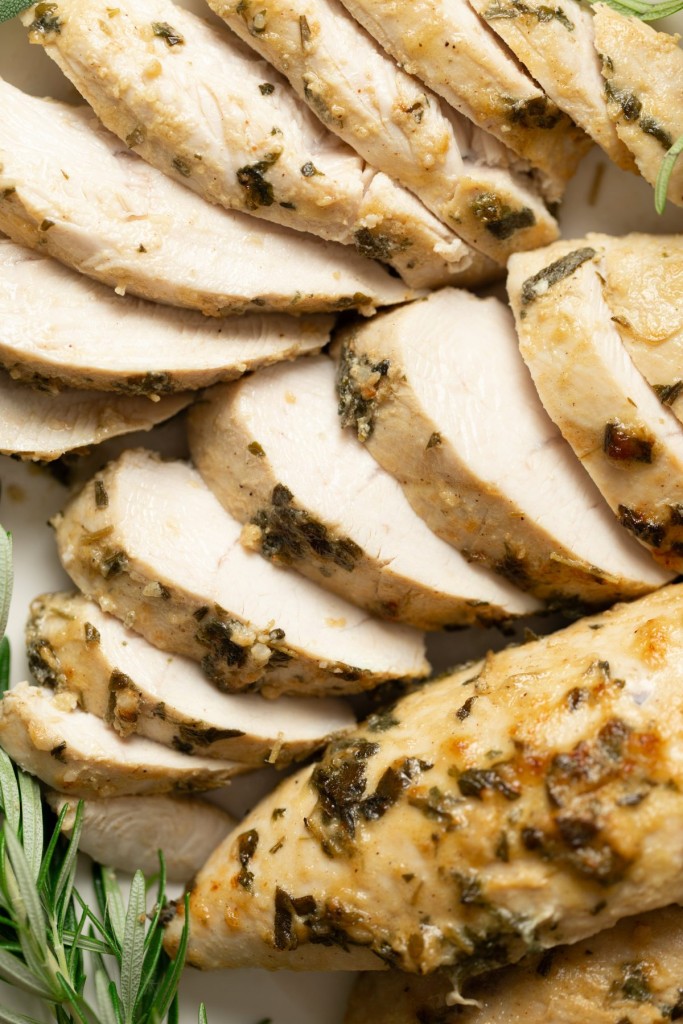 Close up above view of a turkey tenderloin recipe cut into slices