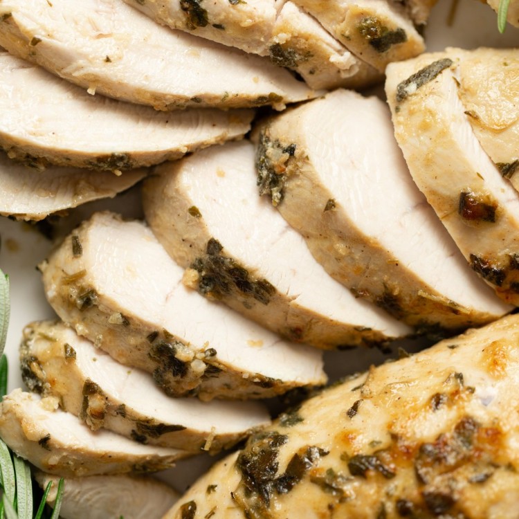 Close up above view of a turkey tenderloin recipe cut into slices