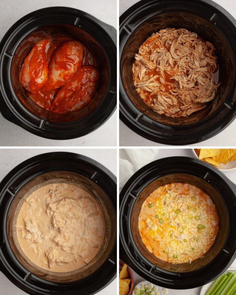 Step by step assembly of buffalo chicken dip in crock pot