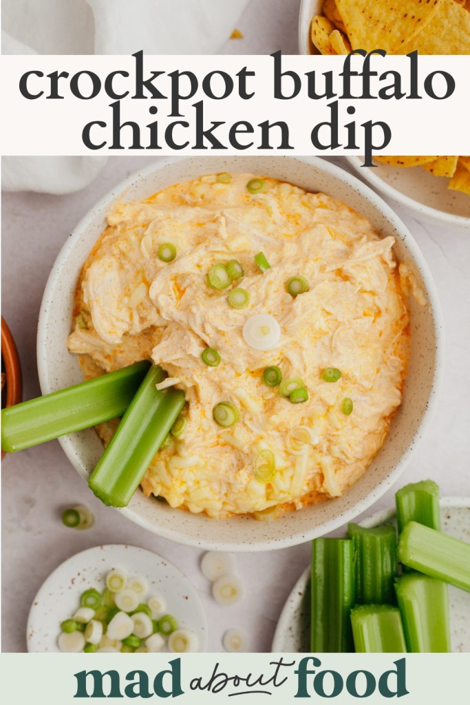 Image for pinning crockpot buffalo chicken dip recipe on Pinterest