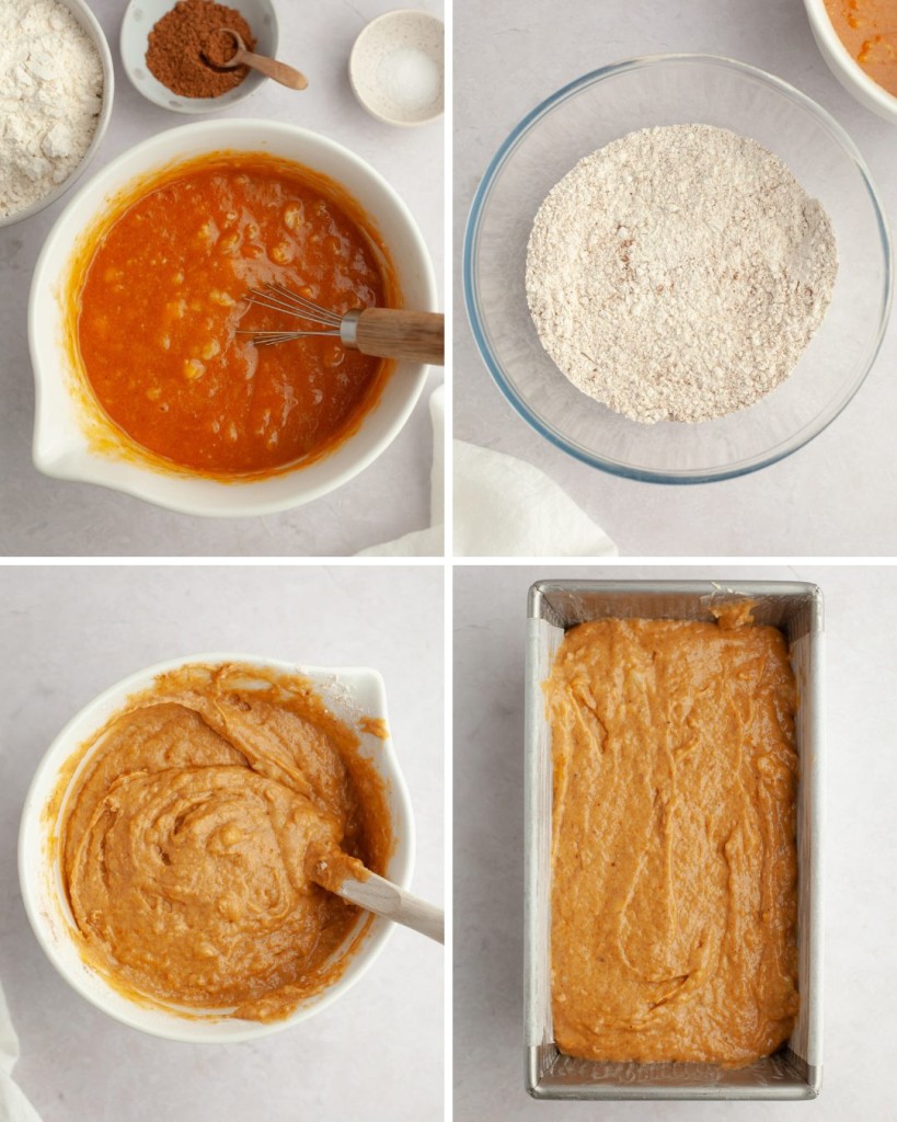 Step by step assembly of a pumpkin banana bread recipe