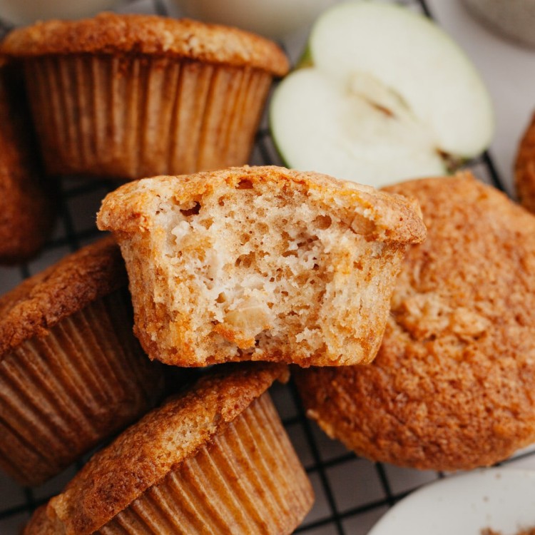 Close up above view of apple cinnamon muffins in a bowl