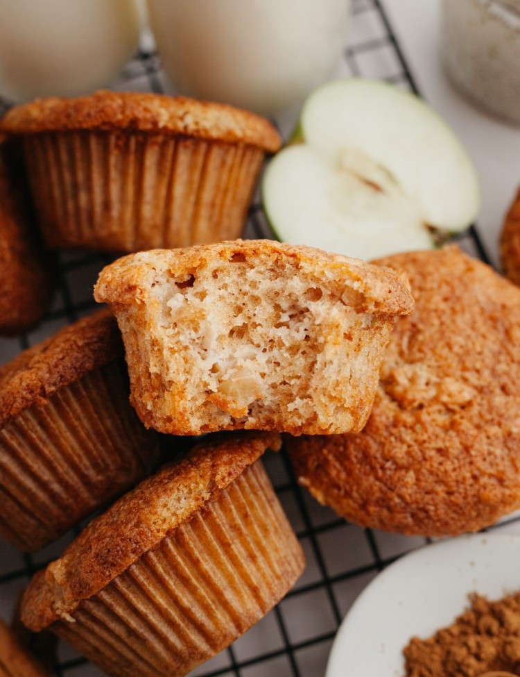 Close up above view of apple cinnamon muffins in a bowl