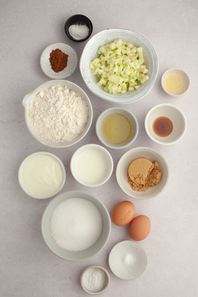 Above view of ingredients for an apple cinnamon muffin