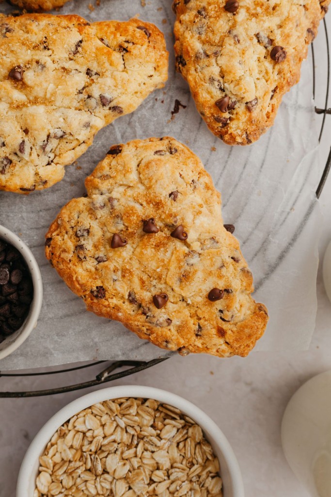 Close up above view of a chocolate chip scone recipe